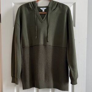 Time and Tru Olive Green V-Neck Hooded Knit Sweater